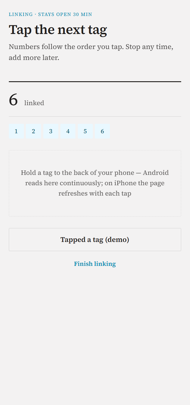 Linking screen: tap the next tag, 6 linked, numbered chips